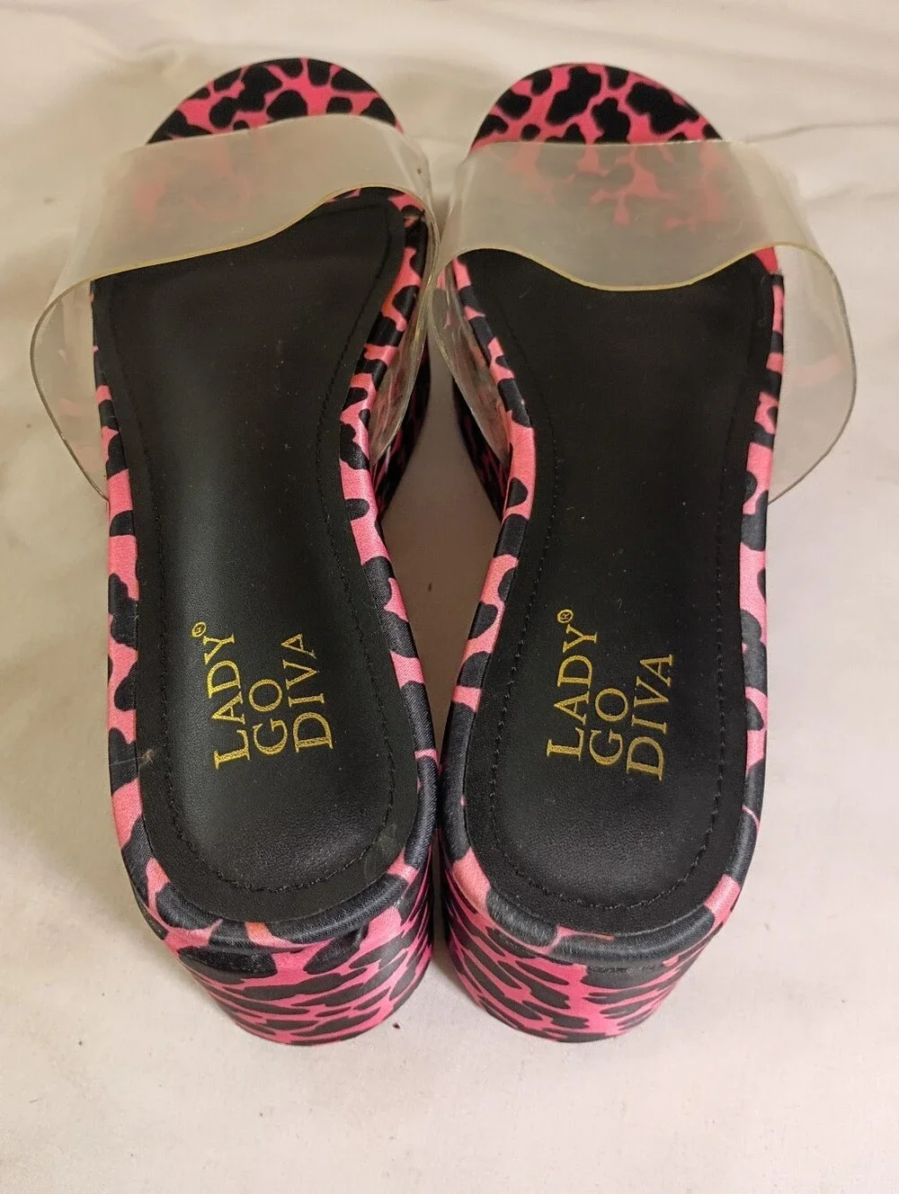 Lady Go Diva Vintage Pink Cheetah Print Flatform Wedge Sandals Clear Upper 6.5
